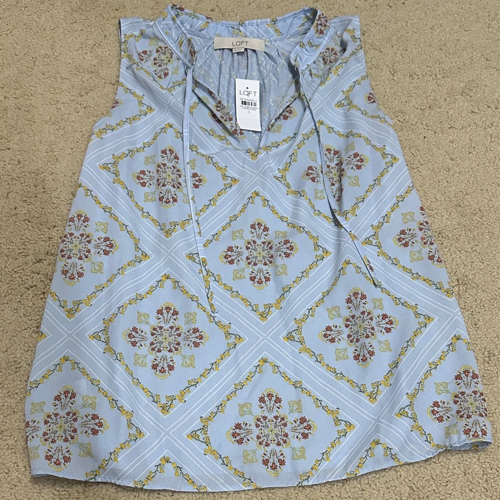 LOFT Light Blue Floral Medallion Sleeveless Tie-Neck Top NWT